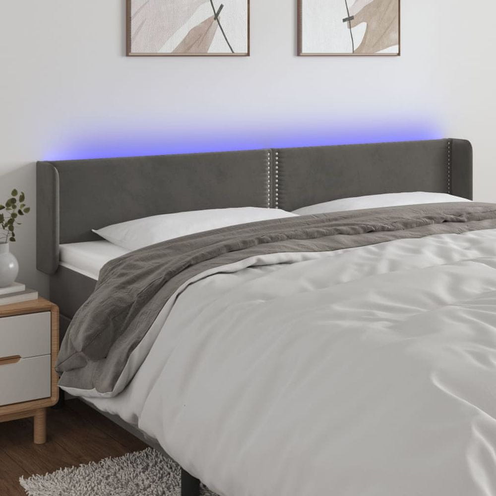 Vidaxl Čelo postele s LED tmavosivé 183x16x78/88 cm zamat